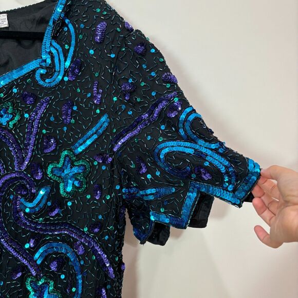 VTG Lawrence Kazar Sequin Top 3X Silk Blue Green Peacock Beads 80s Disco Evening - Picture 5 of 16